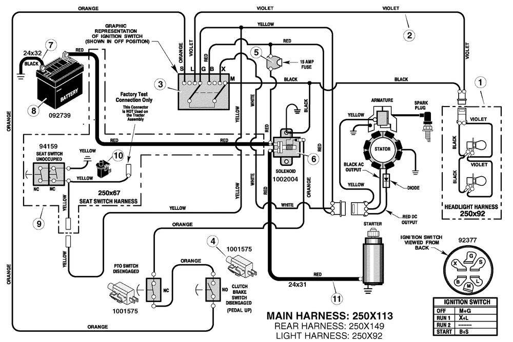 Electrical System Diagram and Parts List for 385002X50B 2006 Briggs and Stratton Lawn Tractor